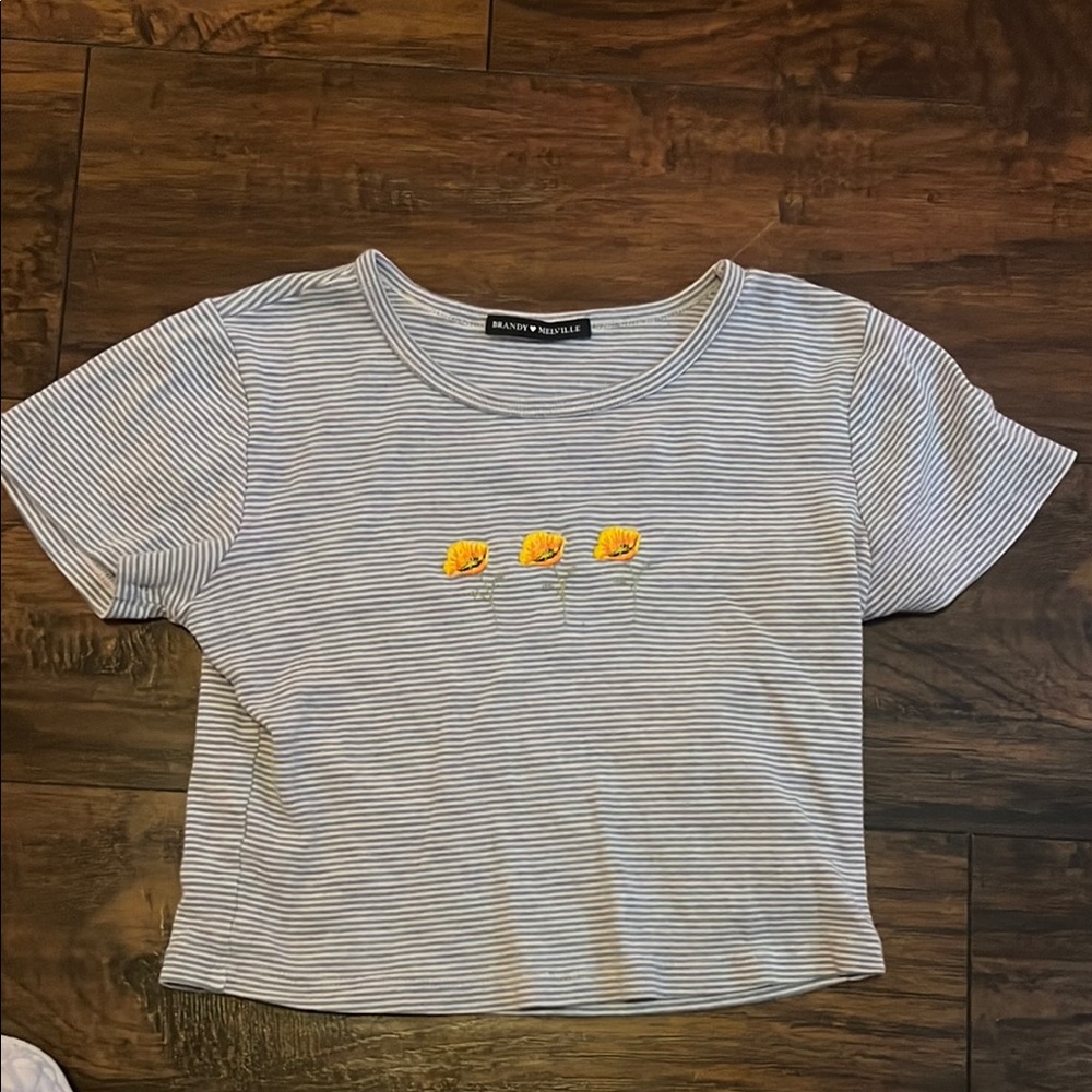 Brandy Melville Striped Kids Tee - Gray with Yellow Details